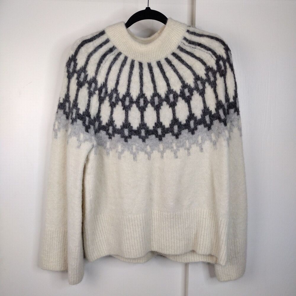 Banana Republic Alpaca Blend Fair Isle Sweater Womens Sz L Cream Grey Super Soft